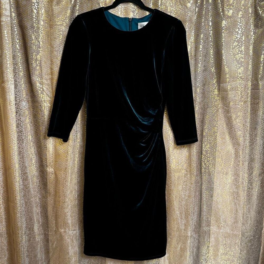 Eliza J Dark Emerald Green Gathered Velvet Sheath Mini Dress Size 8 EUC